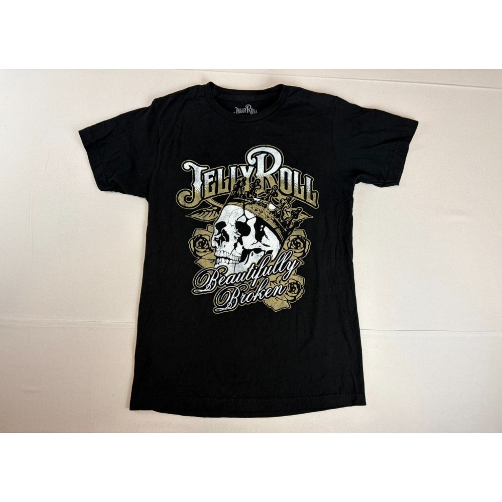 Jelly Roll Beautifully Broken T-Shirt Black Size Small Skull Crown Roses Graphic